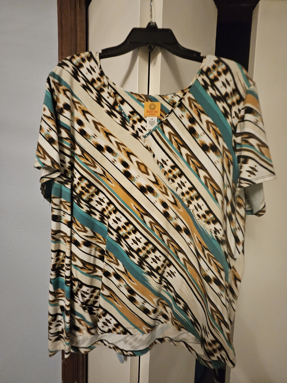 Ruby Rd. Teal, Gold & Black Printed V-Neck Short Sleeve Top